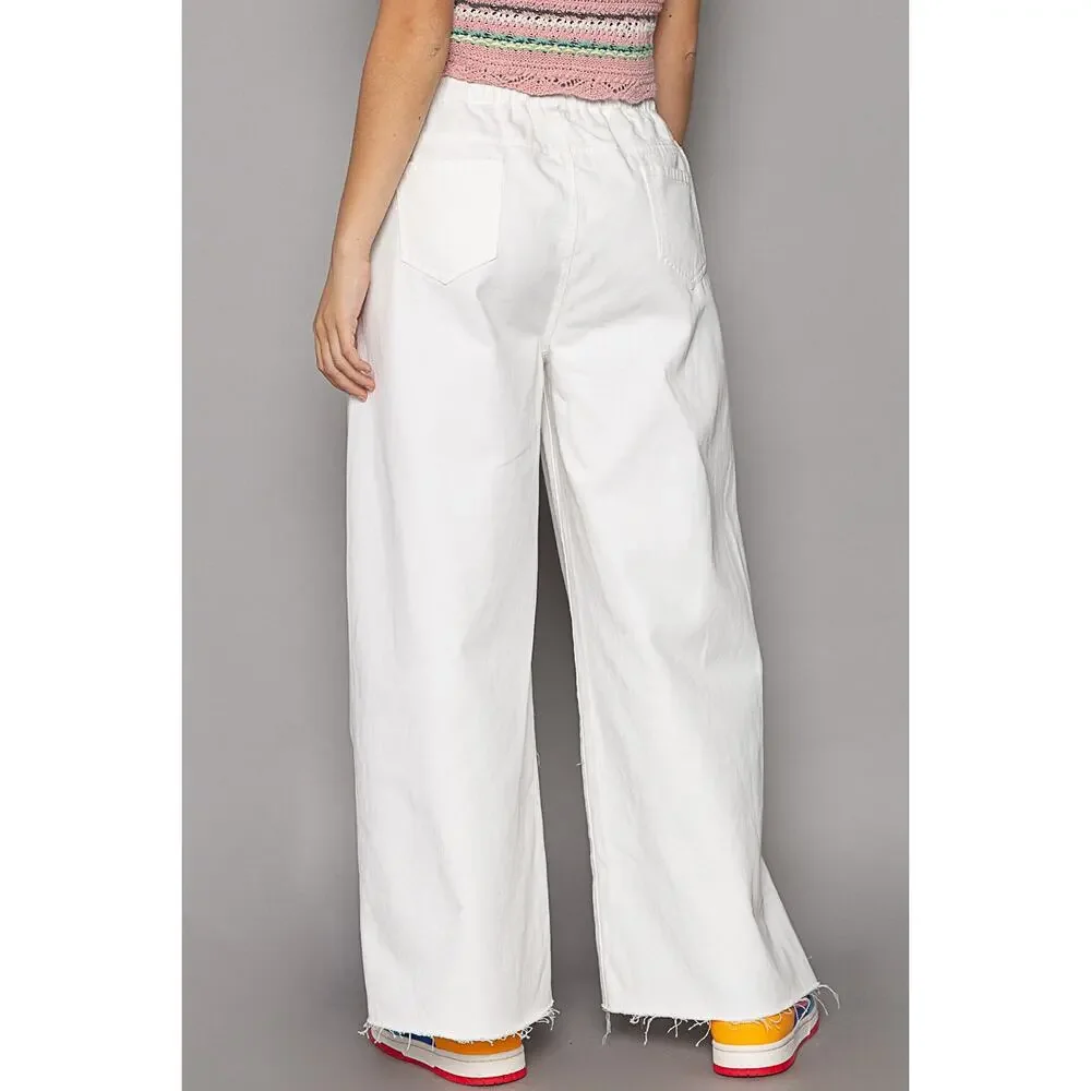 POL High Rise Distressed Adjustable Drawstring Side Slit Wide Leg Pants | White - Picture 2 of 4